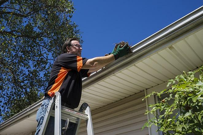 maintenance worker using a ladder to repair a gutter in Waterman, IL